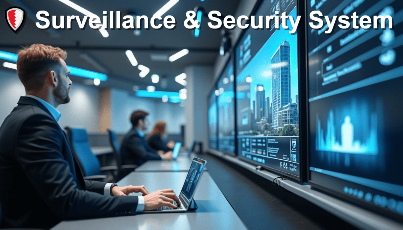 A clean, modern visual featuring CCTV cameras, a control room with live surveillance feeds, and smart access control systems, designed for a security services post by Digi Grue.