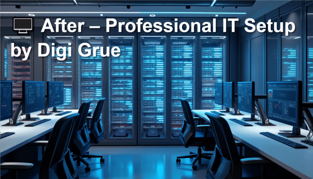 A modern IT control room showcasing surveillance monitors, server racks, and network equipment, representing Digi Grue’s professional infrastructure and security consulting services. Let me know if the image has specific elements (e.g., access control, cabling, smart systems) for a more detailed alt text.