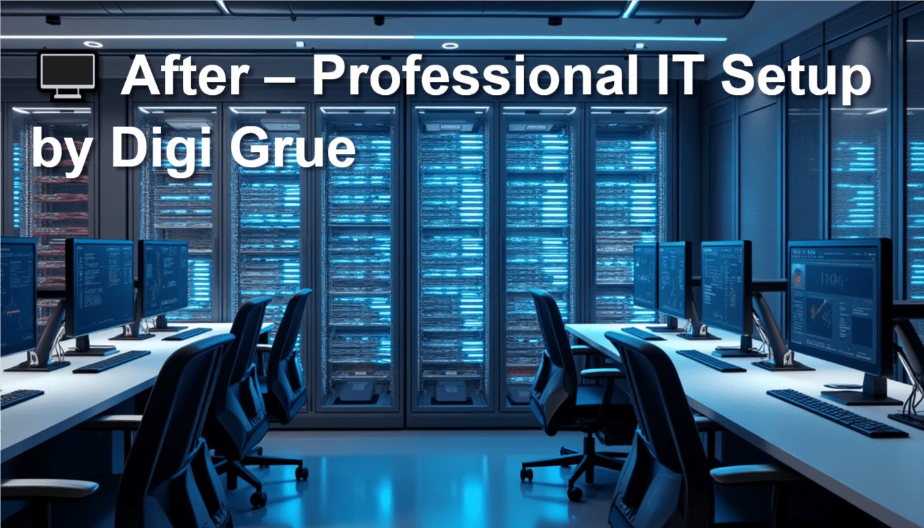 A modern IT control room showcasing surveillance monitors, server racks, and network equipment, representing Digi Grue’s professional infrastructure and security consulting services. Let me know if the image has specific elements (e.g., access control, cabling, smart systems) for a more detailed alt text.